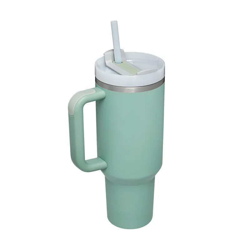 40 oz insulated stainless steel tumbler with handle straw and spill proof lid in a tapered design for car or gym use