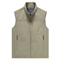 Men's loose-fit casual cardigan vest in army green with a stand collar and zipper pockets.