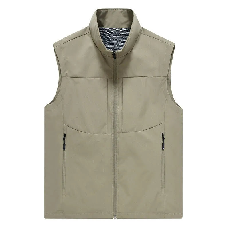 Men's loose-fit casual cardigan vest in army green with a stand collar and zipper pockets.