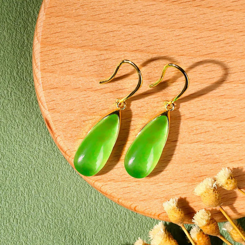 Geometric copper earrings with water droplet design in CP798 jade colour, Chinese retro style.
