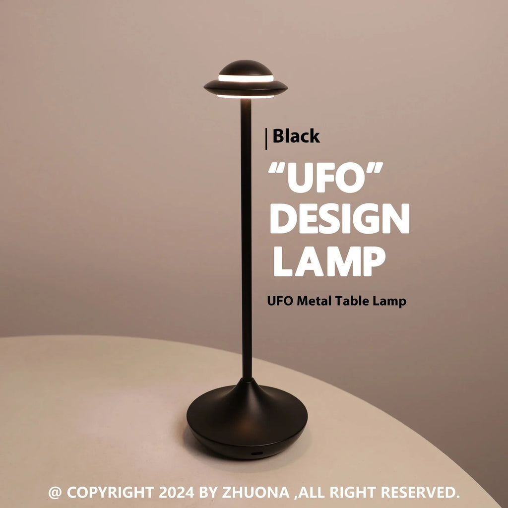 Metallic UFO-shaped rechargeable table lamp with touch dimming in black, gold or grey
