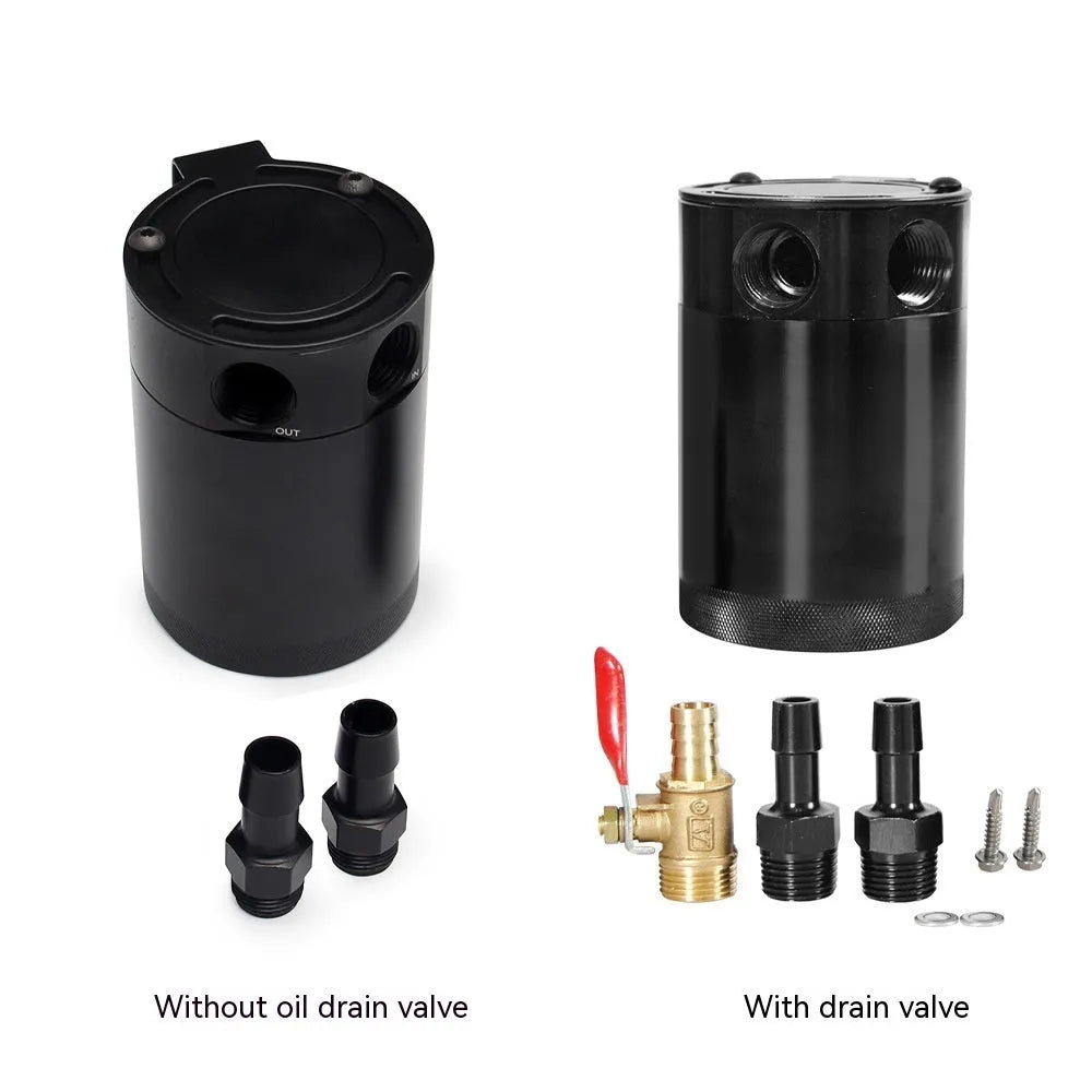 Black aluminium automotive oil pot with connectors and installation hardware
