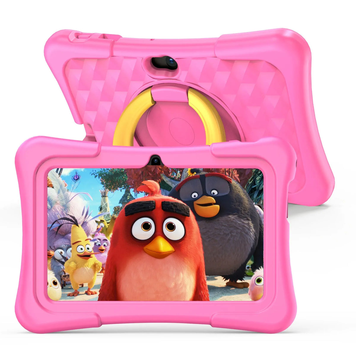 Blue children's educational tablet with a rotating handle and a silicone protective cover on a 7-inch screen