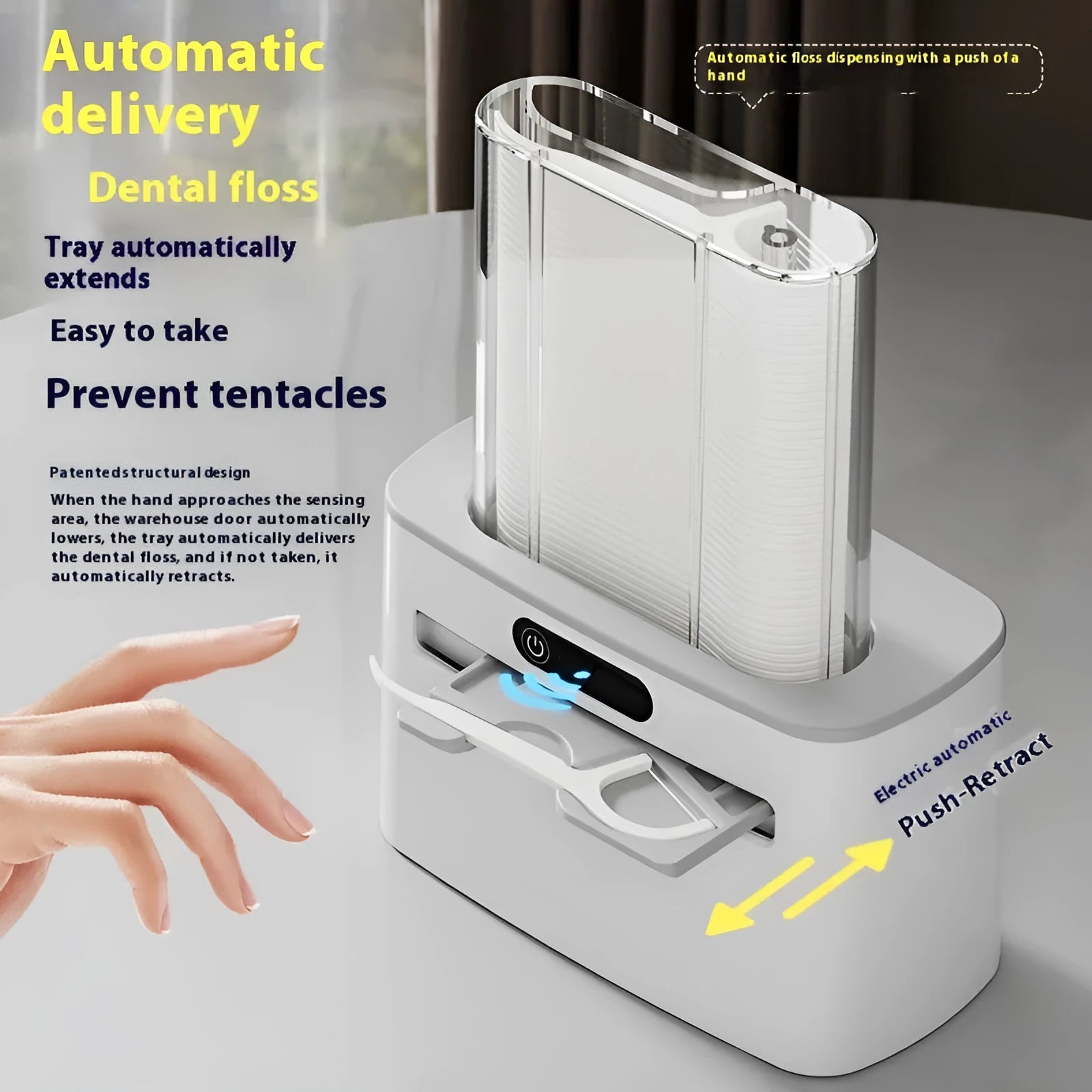 Intelligent Induction Dental Floss Box in dark gray, light gray, and gold colour options.