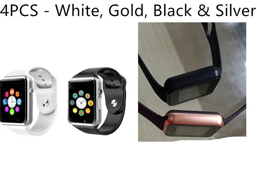 A1 model smart watch on wrist showing 1.54-inch display, available in black, silver, white, gold, pink, red, green, blue.