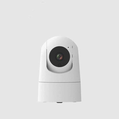 White indoor security camera with pan/tilt mechanism on stand showing front lens and microphone