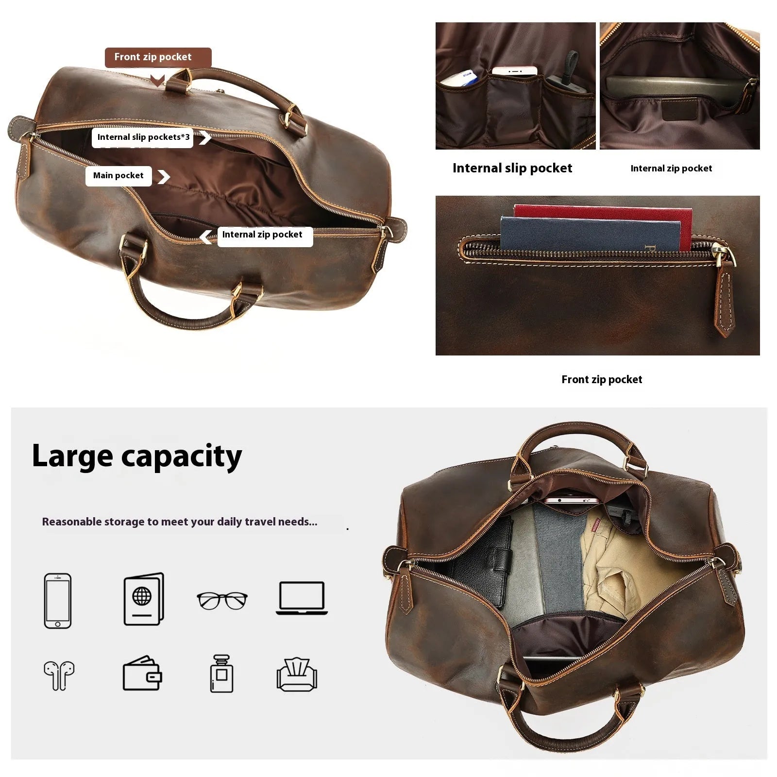 Men's vintage-style genuine leather crossbody bag in large size with crossbody strap.