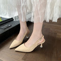 Women's apricot suede pointed-toe stiletto high heels on a neutral background.