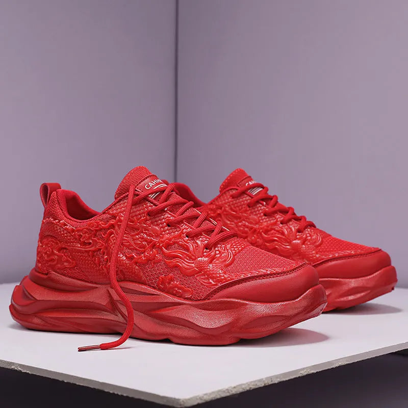 Chinese loong breathable casual sneakers in dragon design colours with rubber soles