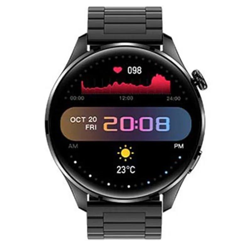 Black Bluetooth smart watch with round colour touch screen on a silicone strap