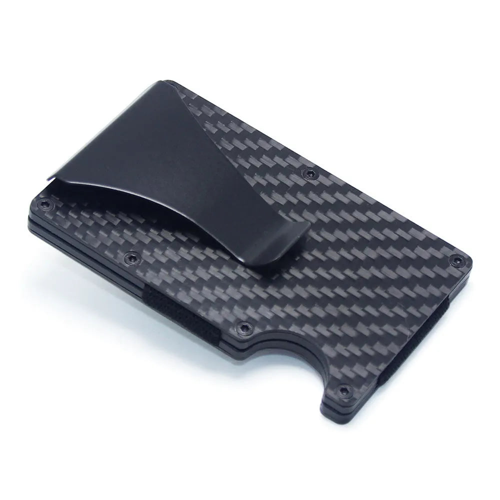 Geometric carbon fibre card holder showing 8mm thickness with capacity for multiple bank cards