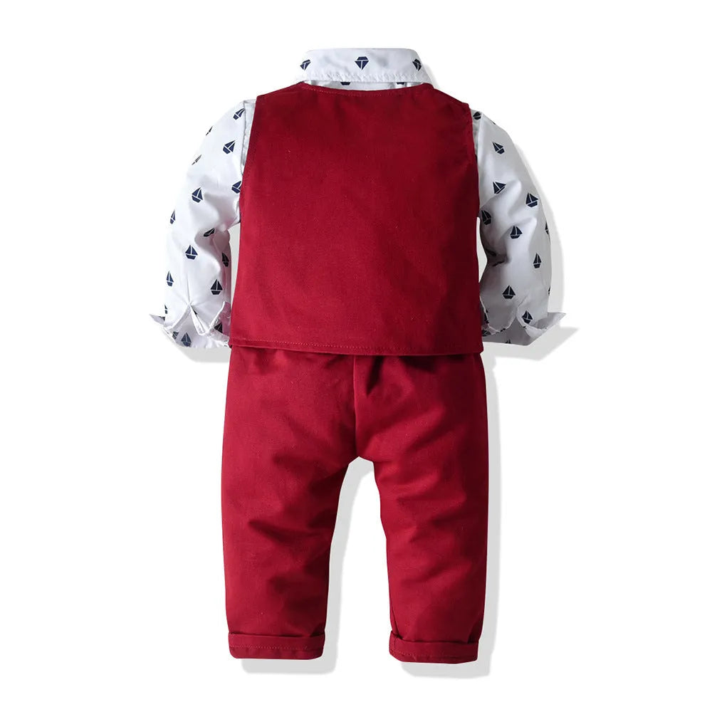 Boys red cotton three-piece suit set with long-sleeved shirt, single-breasted vest, and pants