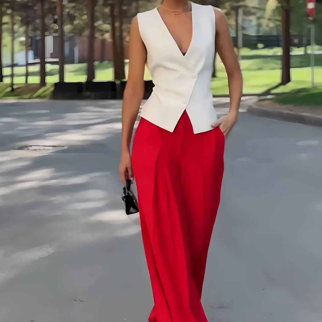 Women's beige deep V-neck sleeveless top and high-waist wide-leg trousers two-piece set