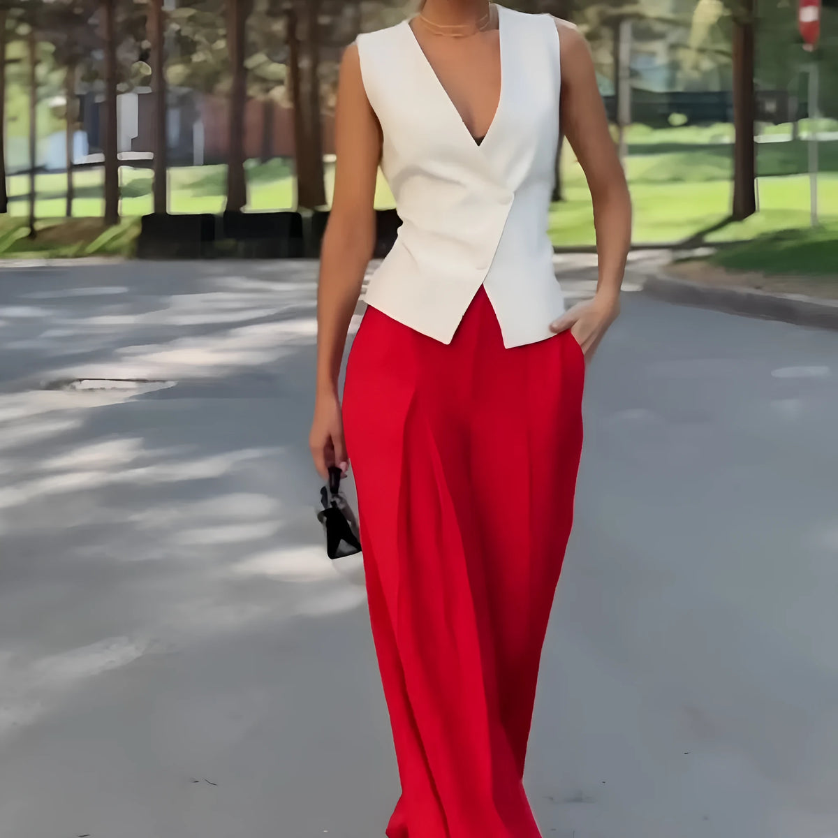 Women's beige deep V-neck sleeveless top and high-waist wide-leg trousers two-piece set