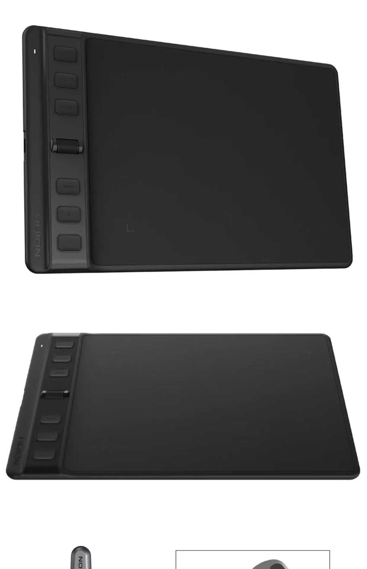 Hua Wang H641P black digital drawing tablet with PW110 pen showing dual work areas for mobile and computer use