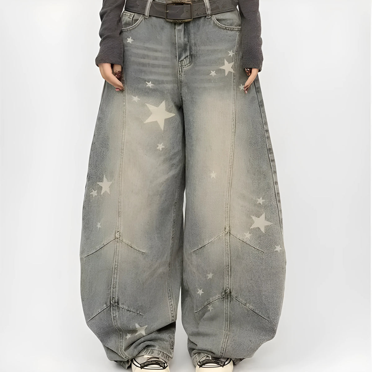 Men's blue loose fit jeans with vintage washed, distressed and grey splatter finish, mid-rise waist and long pant length.