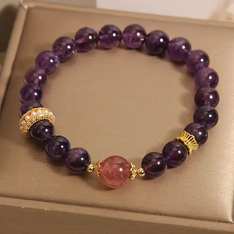 Women's natural amethyst and strawberry quartz bracelet with geometric garland design