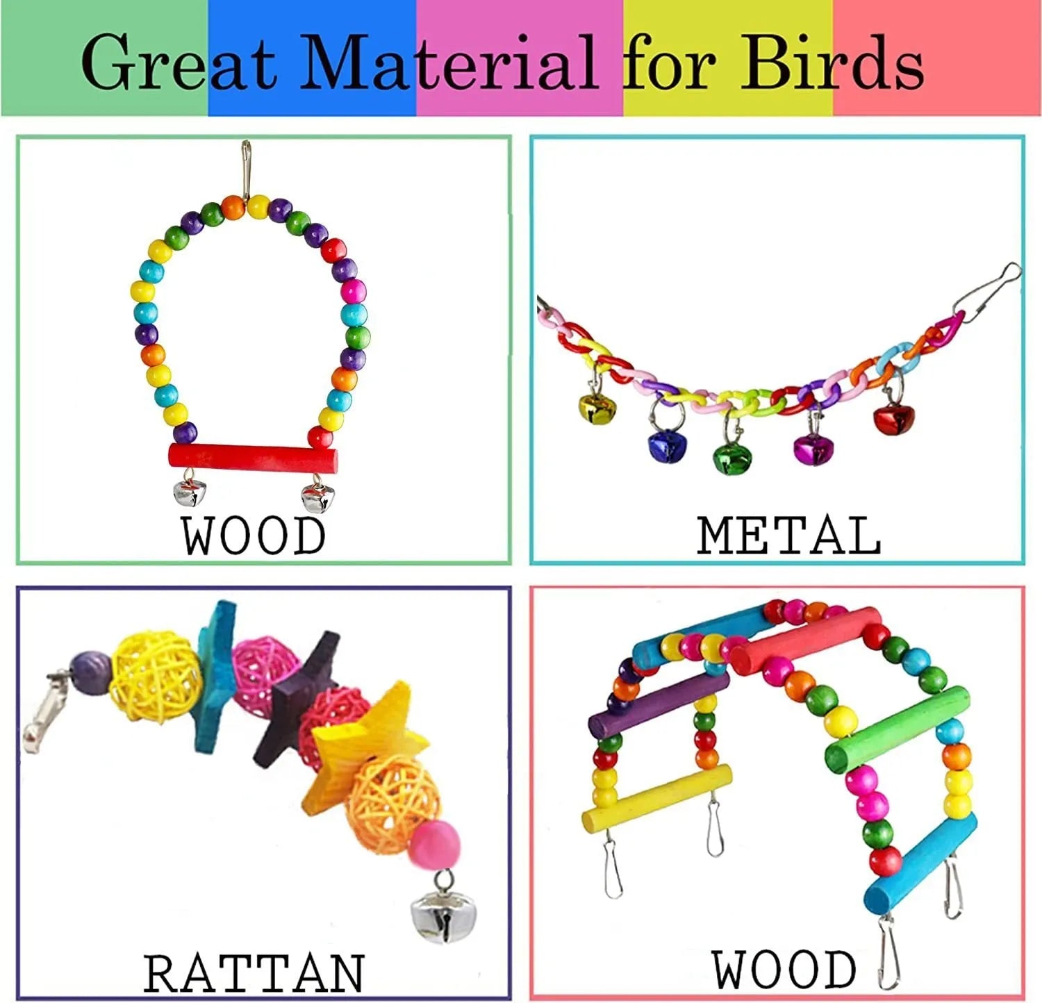 7PCs wooden parrot toys bird cage accessories set on a white background