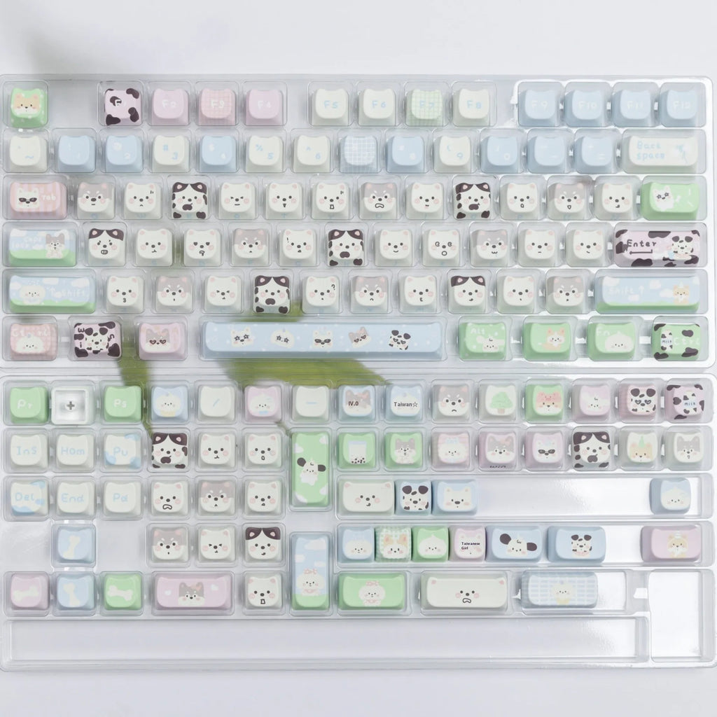 Colourful puppy character PBT key cap set for mechanical keyboards with 26 alphabetical characters.