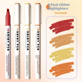 Set of four pastel glitter highlighter pens with slanted tips next to their coloured box.