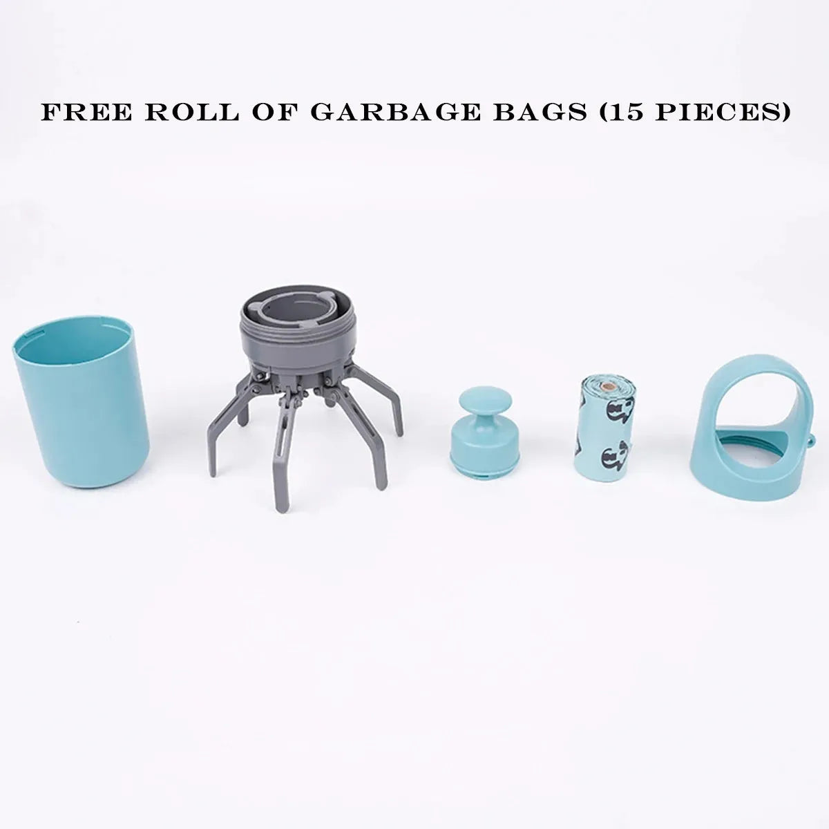 Blue outdoor claw pooper scooper for pet waste with integrated bag dispenser.