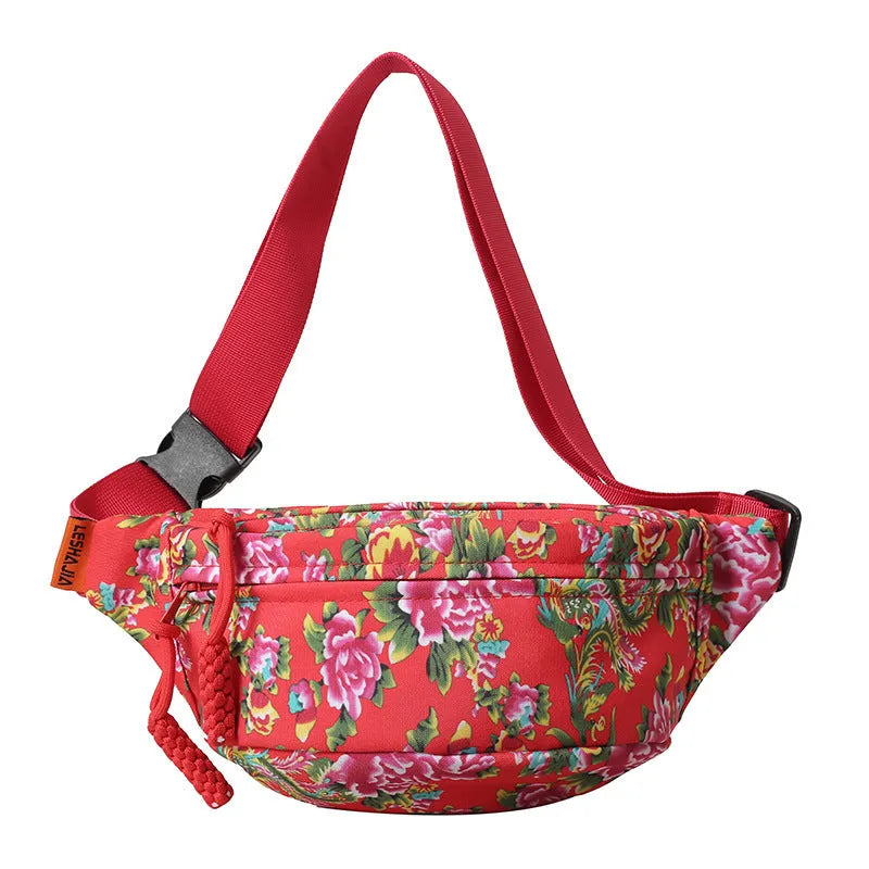 Women's western style waist bag with big flower decoration in black, red, green or blue colours