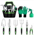 9-piece aluminium alloy garden tool set with silicone two-colour handles in green for horticulture and seedling cultivation