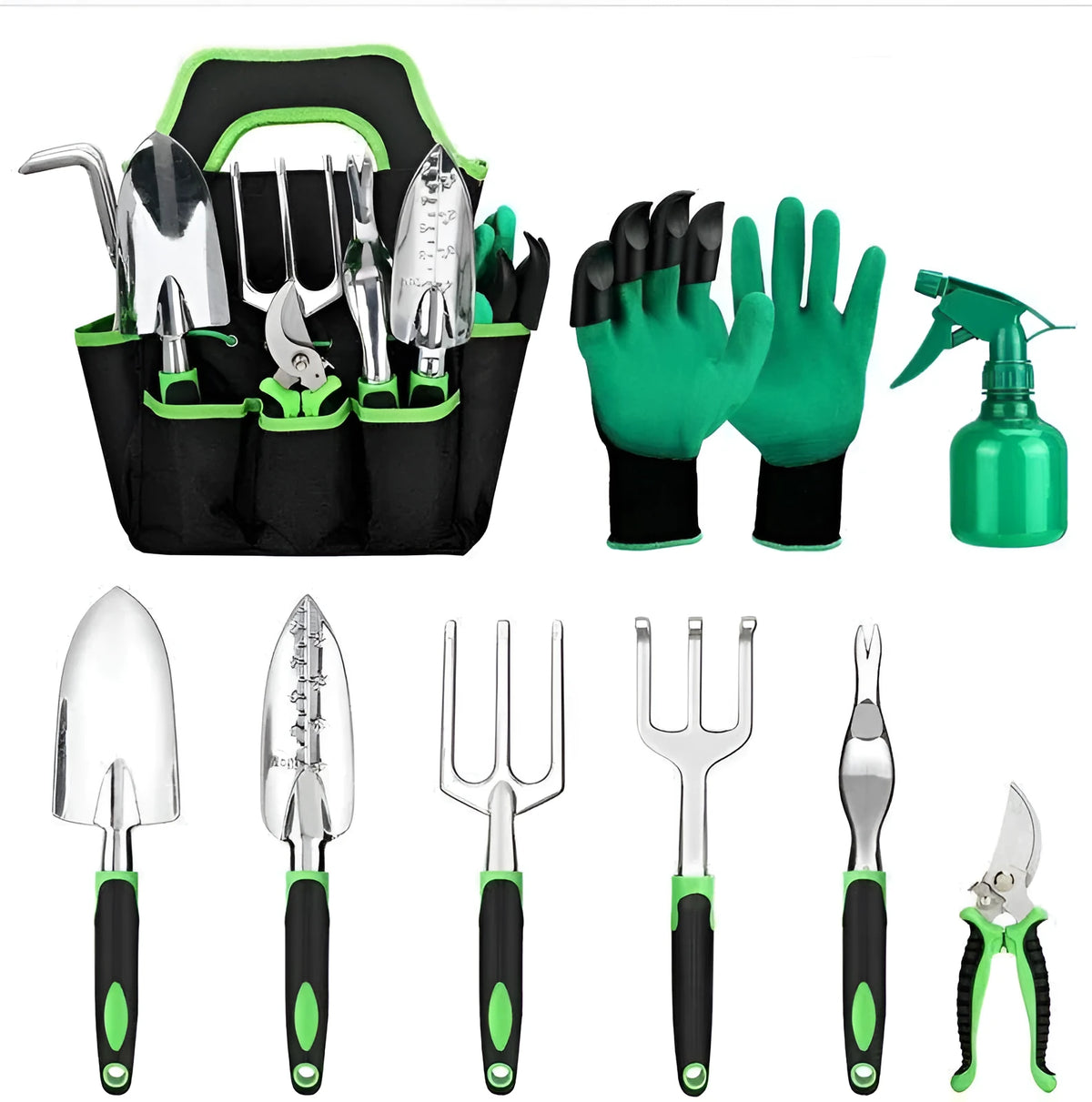 9-piece aluminium alloy garden tool set with silicone two-colour handles in green for horticulture and seedling cultivation