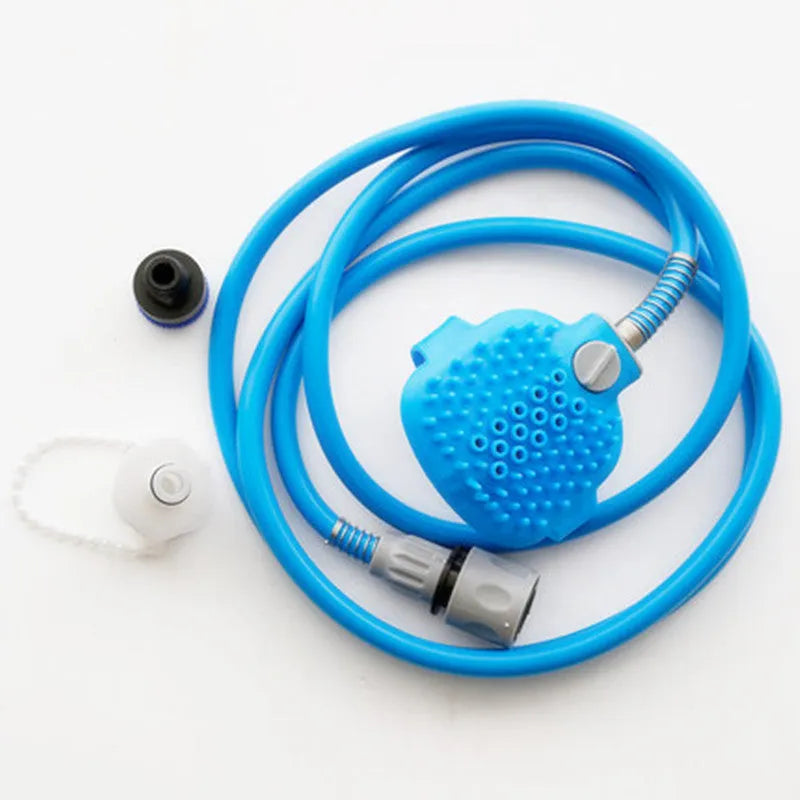 Blue handheld pet bathing tool with massage gloves, 98.5 inch hose and two faucet adapters for dogs, cats and horses.