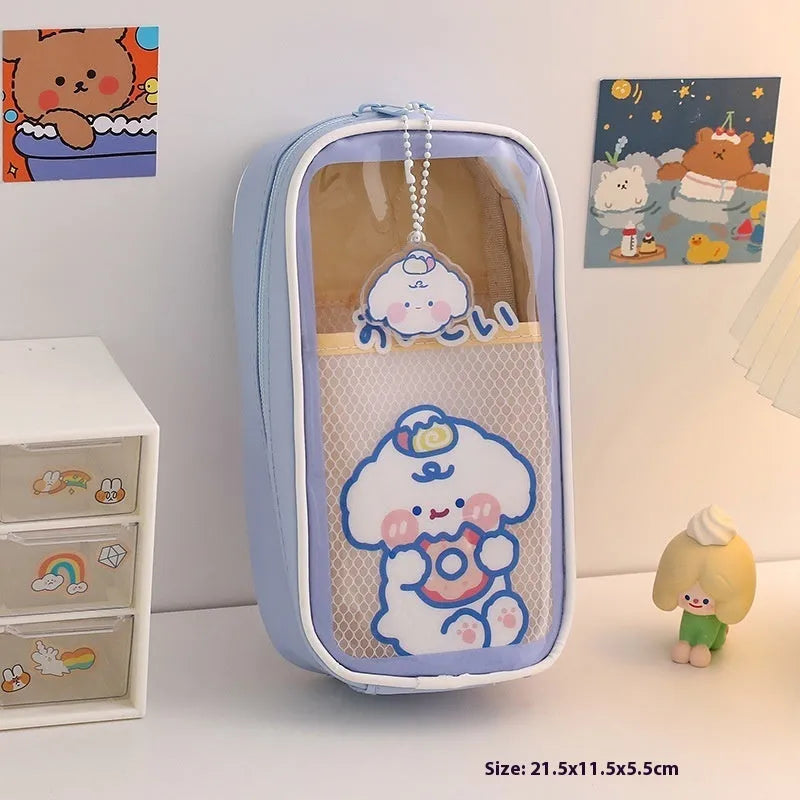 Transparent PVC student pencil case with vertical South Korea style candy bear design