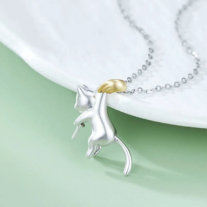 925 sterling silver clavicle chain necklace with cat charm and adjustable length