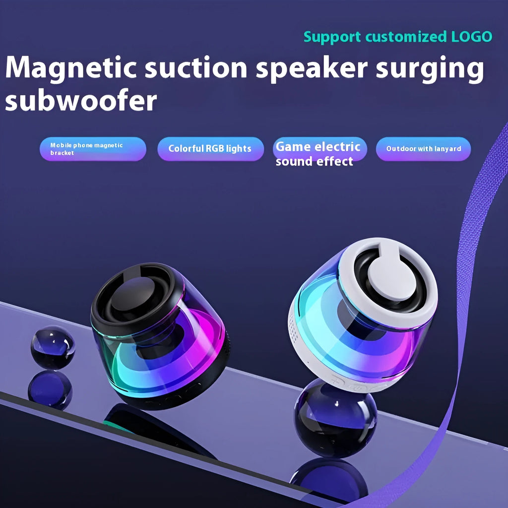 Portable wireless Bluetooth speaker with magnetic base and LED lighting in black or white