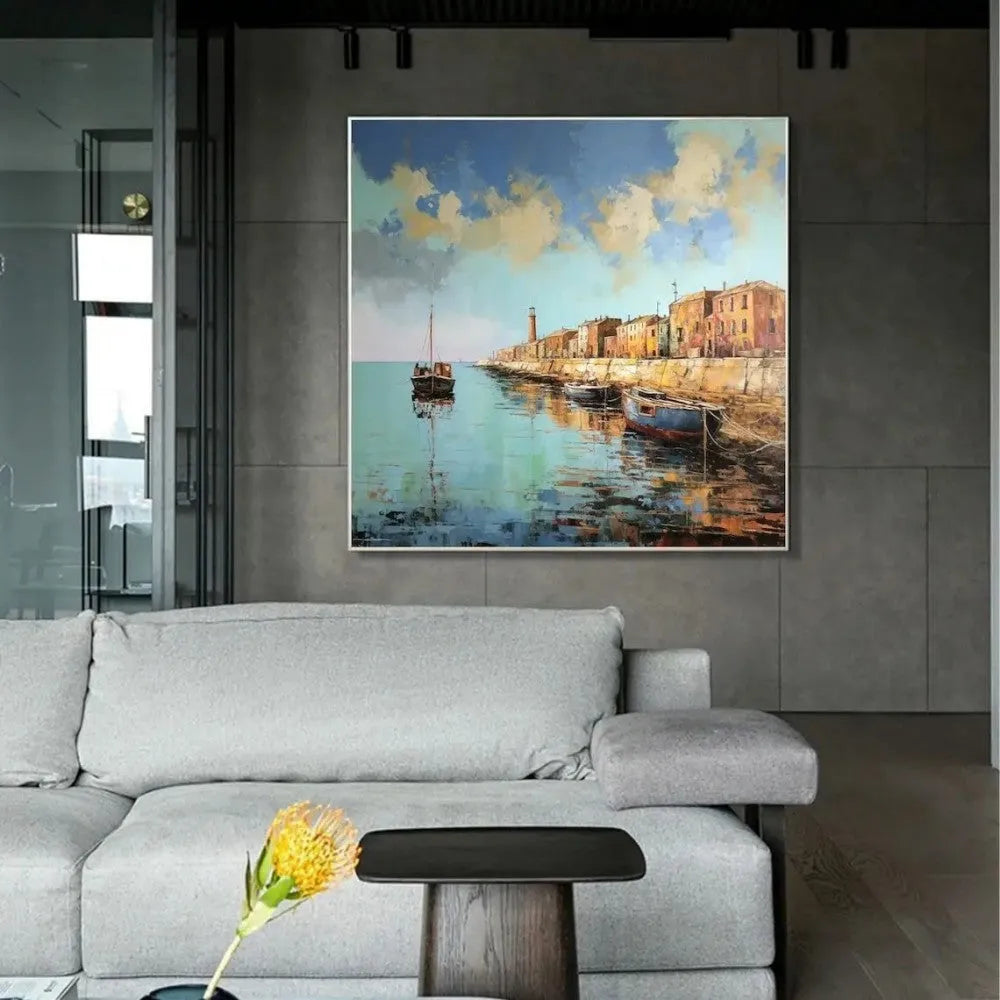 Hand painted landscape oil painting on canvas abstract pier scenery square wall art