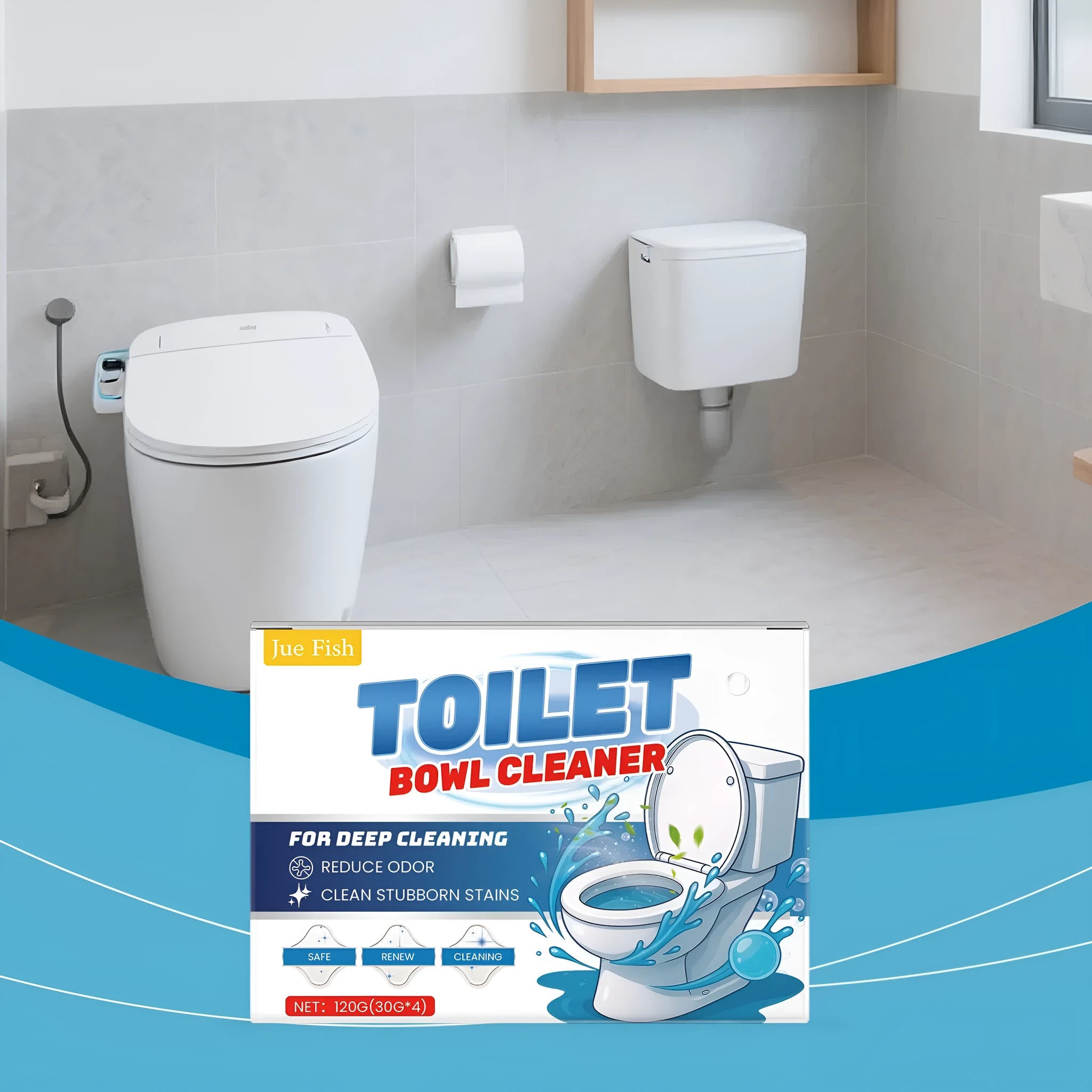 Four sachets of toilet cleaning powder for stains and odour, total 120g, on a bathroom background.