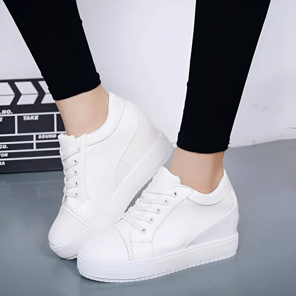 Women's inner height increase platform shoes, PU upper, rubber sole, black or white, sizes 34-40