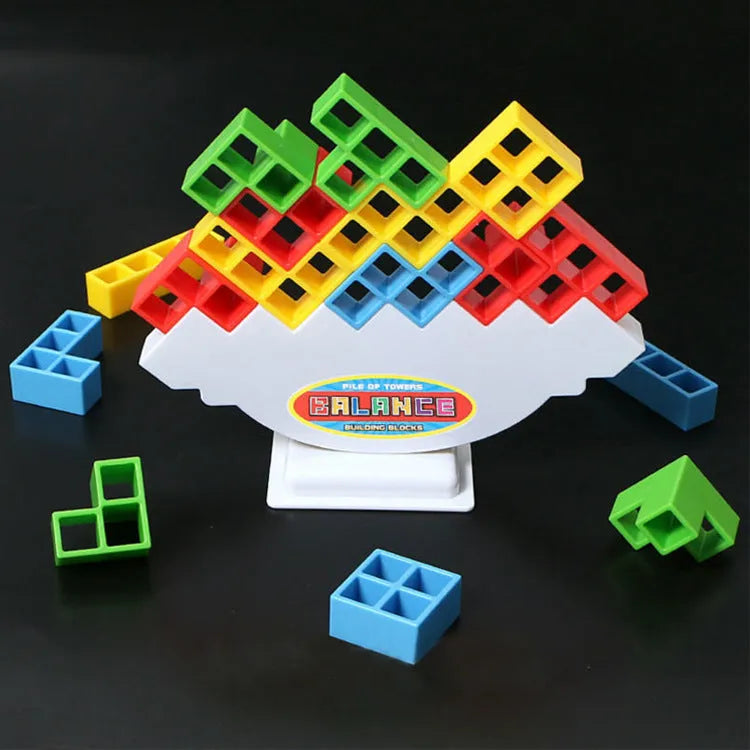Plastic balance stacking game with 16 colourful blocks and chassis for family play