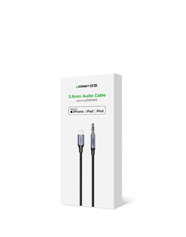 Black Apple Lightning to 3.5mm audio cable with braided TPE body and aluminium alloy connector for car adapter