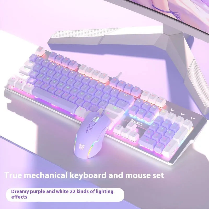 Purple and white mechanical keyboard and mouse set with matching headphones on desk