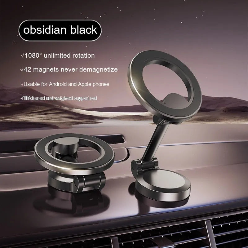 Foldable all-metal magnetic car phone mount in Qian colour on a car dashboard.