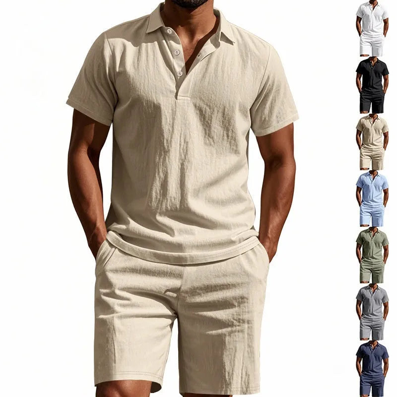 Men's light blue linen blend summer shirt and shorts set on hanger