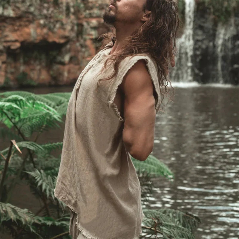 Men's solid colour linen vest with loose fit, round hem, and printed detailing in a casual style