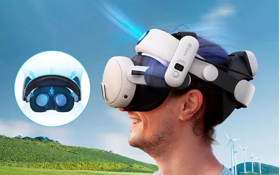 Adjustable VR head wear with ABS sponge cushion and battery, multi-angle head strap for virtual reality headsets.