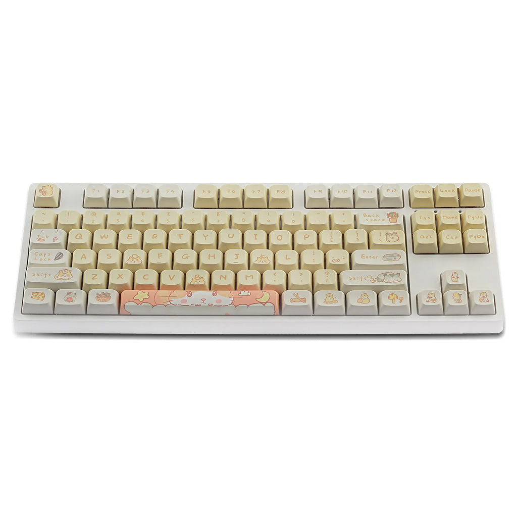 XDA profile mechanical keyboard keycaps in custard colour palette with grey and yellow accents