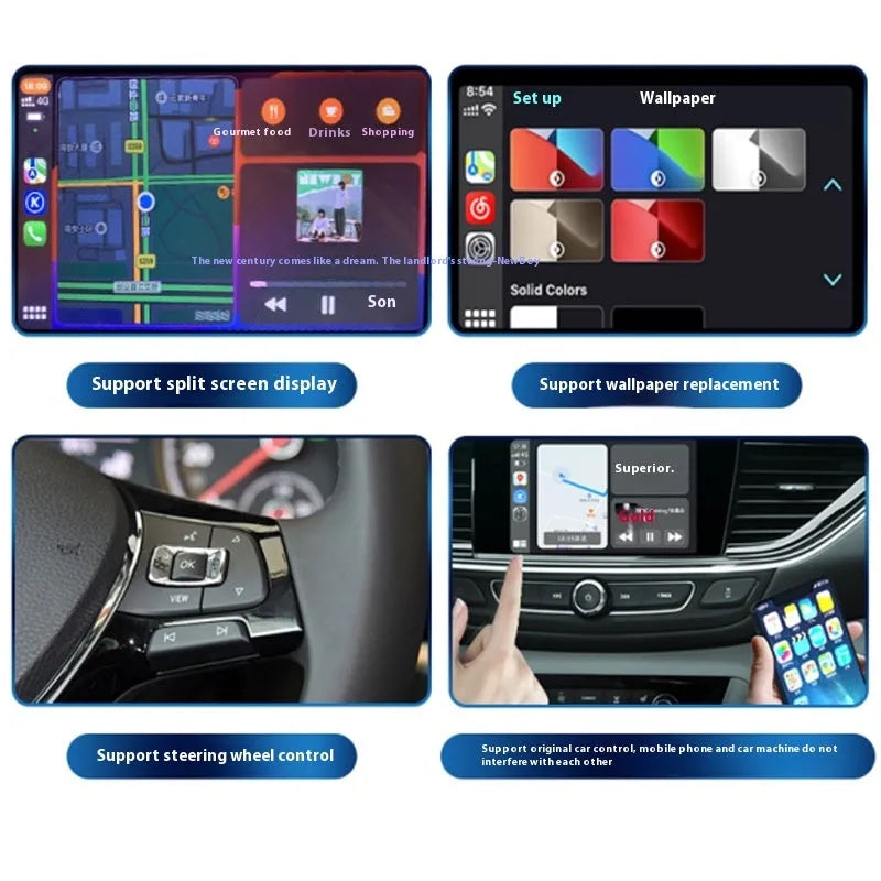 Two-in-one wired to wireless car interconnection box in black ABS with USB and Type C interfaces