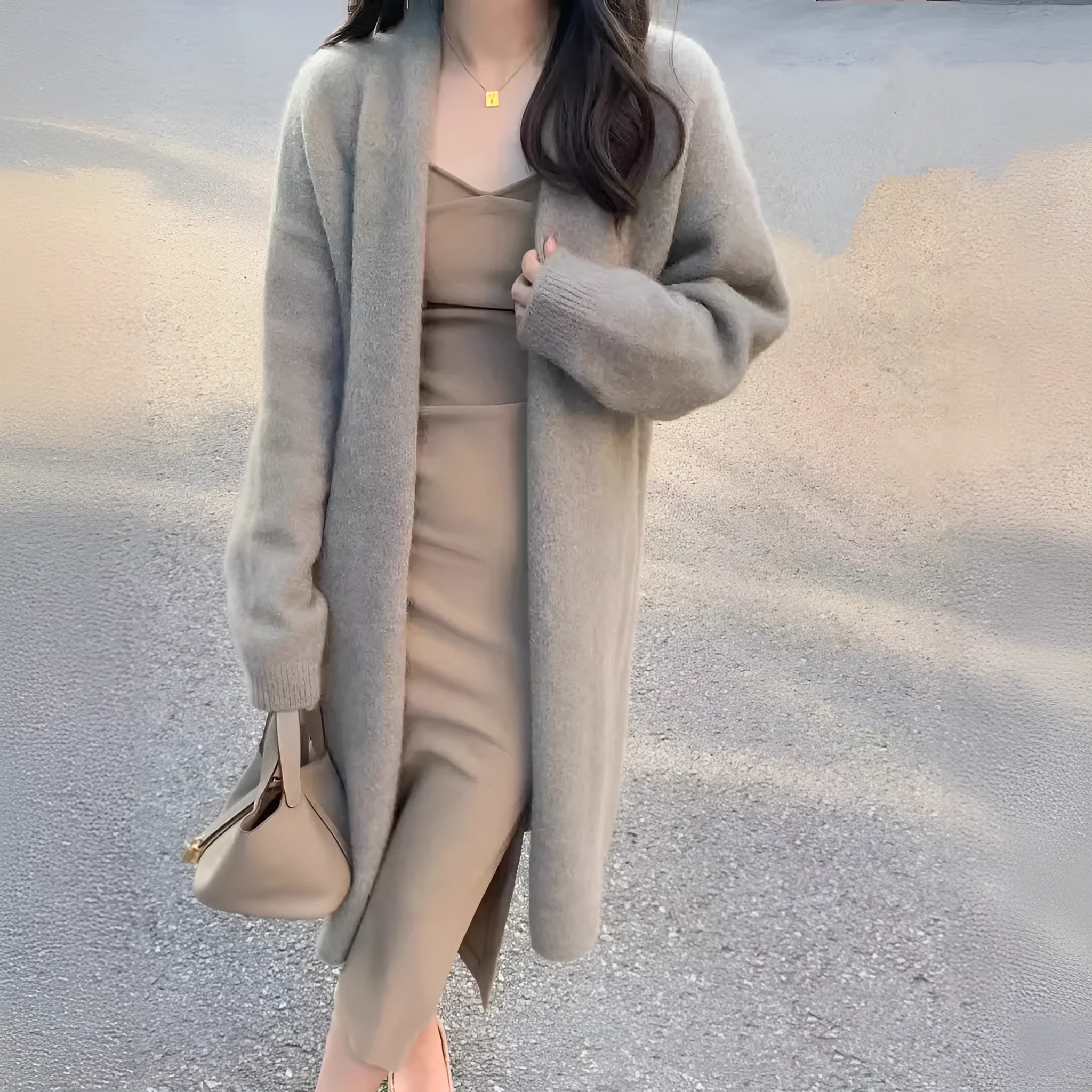 Women's 65cm knitted cardigan with V-neck and long sleeves in polyester fabric