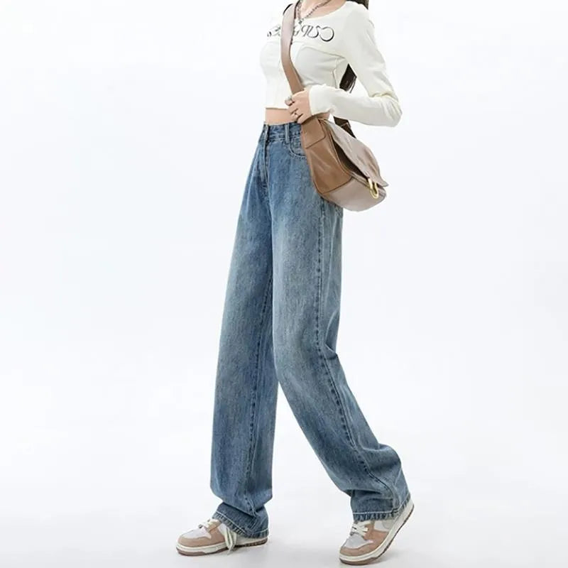 Retro blue women's wide leg jeans with high waist design on hanger