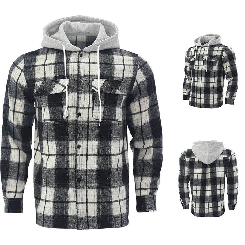 Gray plaid hooded flannel shirt for men, loose casual long sleeve jacquard cardigan, sizes S-XXXL