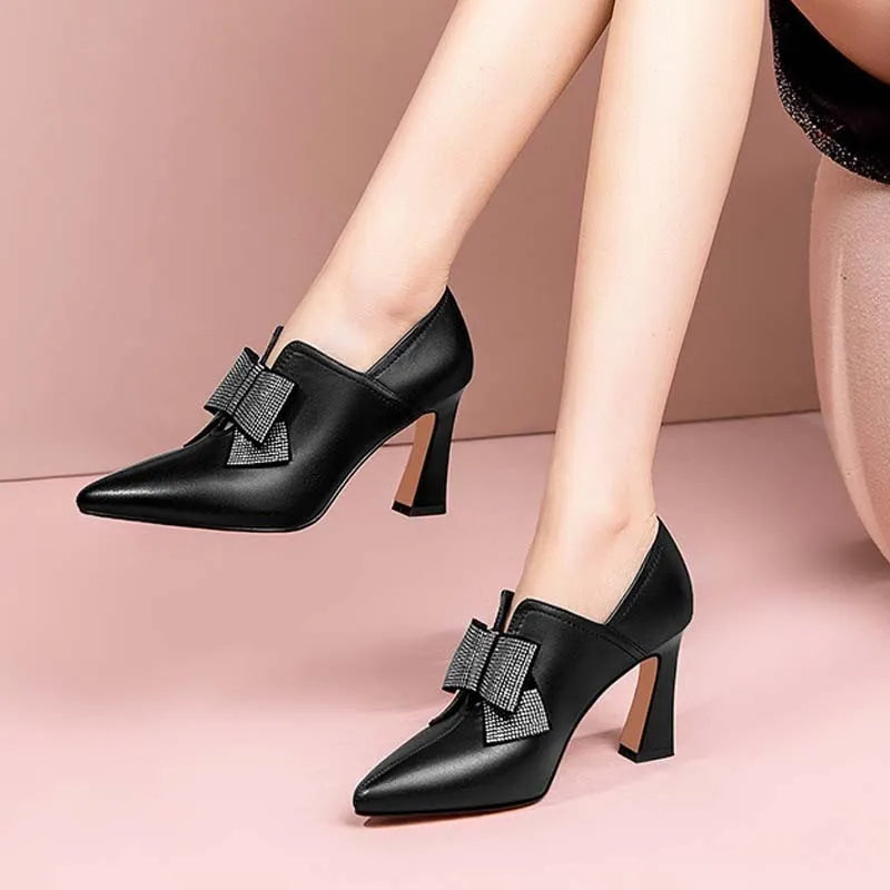 Women's bow boots with pointed toe, 6-8cm chunky high heel, PU upper, black or beige, sizes 34-40