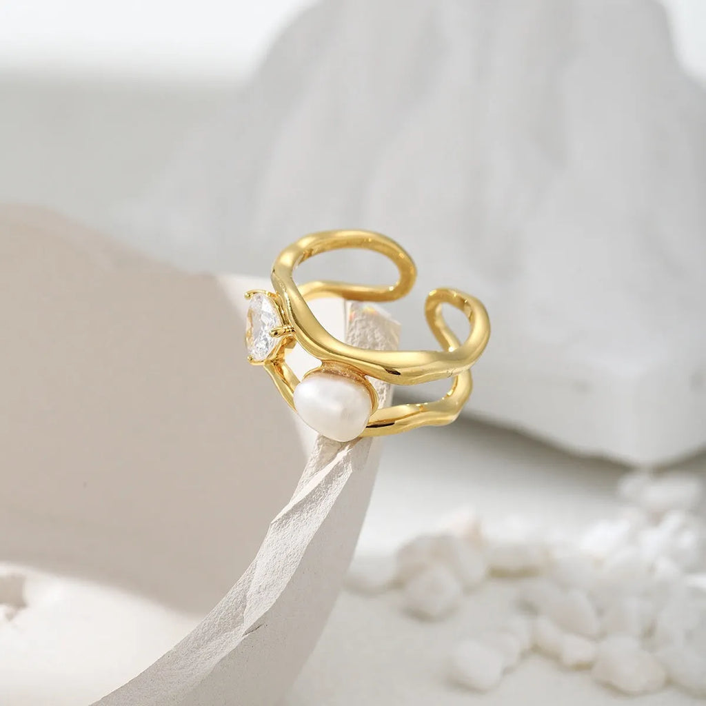 Natural pearl ring with adjustable open mouth design in 14k real gold colour finish on copper base