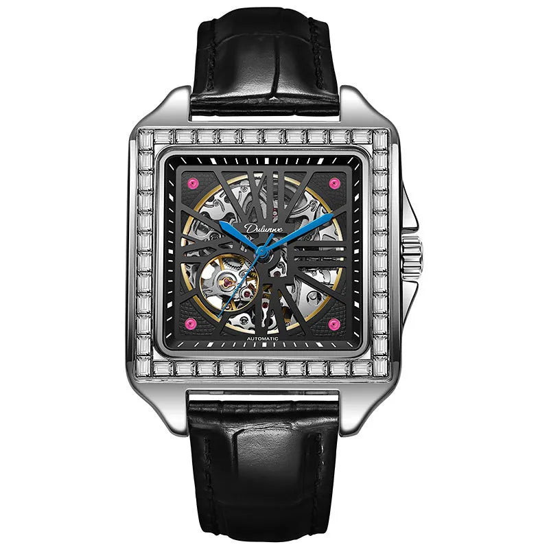 Men's square automatic watch with diamond studs on case, available in black or white with leather or steel strap.